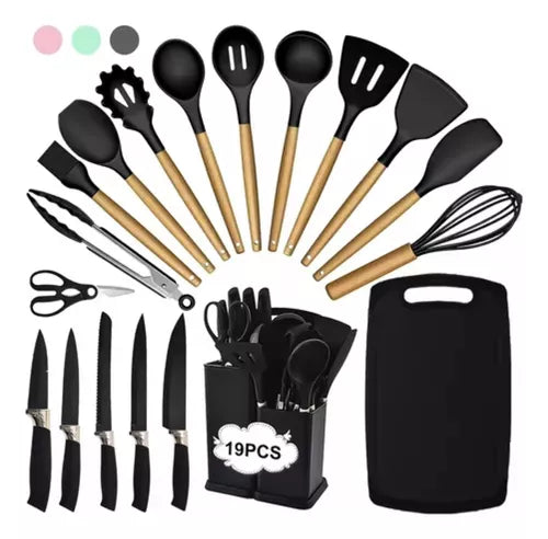 Set de Utensilios de Cocina de Silicona + Set de Cuchillos X19 Pcs - Todo lo que Necesitas para tu Cocina 🍴🔪